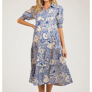 Pink Blush Maternity Blue Floral Collared Tiered Midi Dress